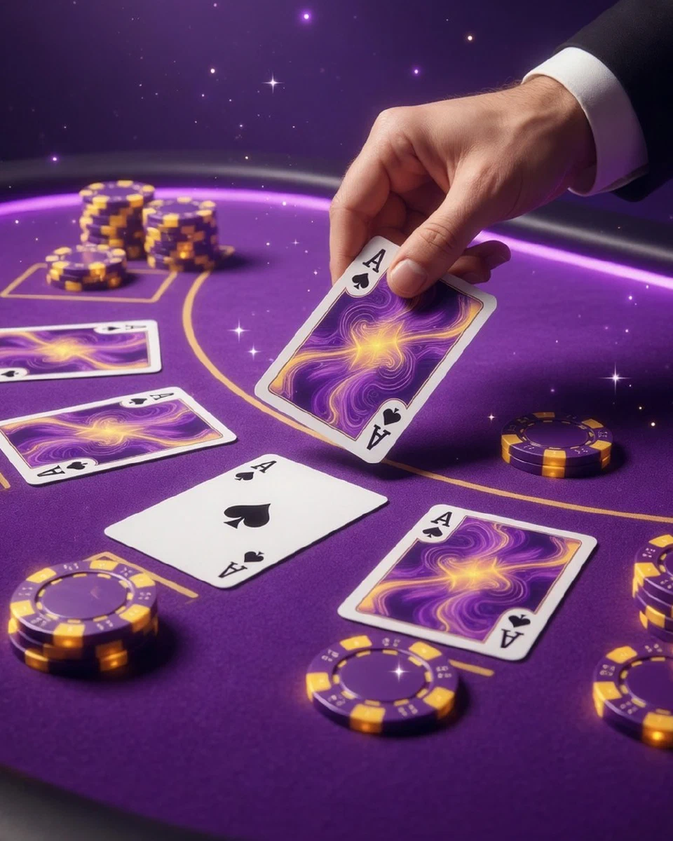 Cartas de blackjack y fichas sobre una mesa en vivo