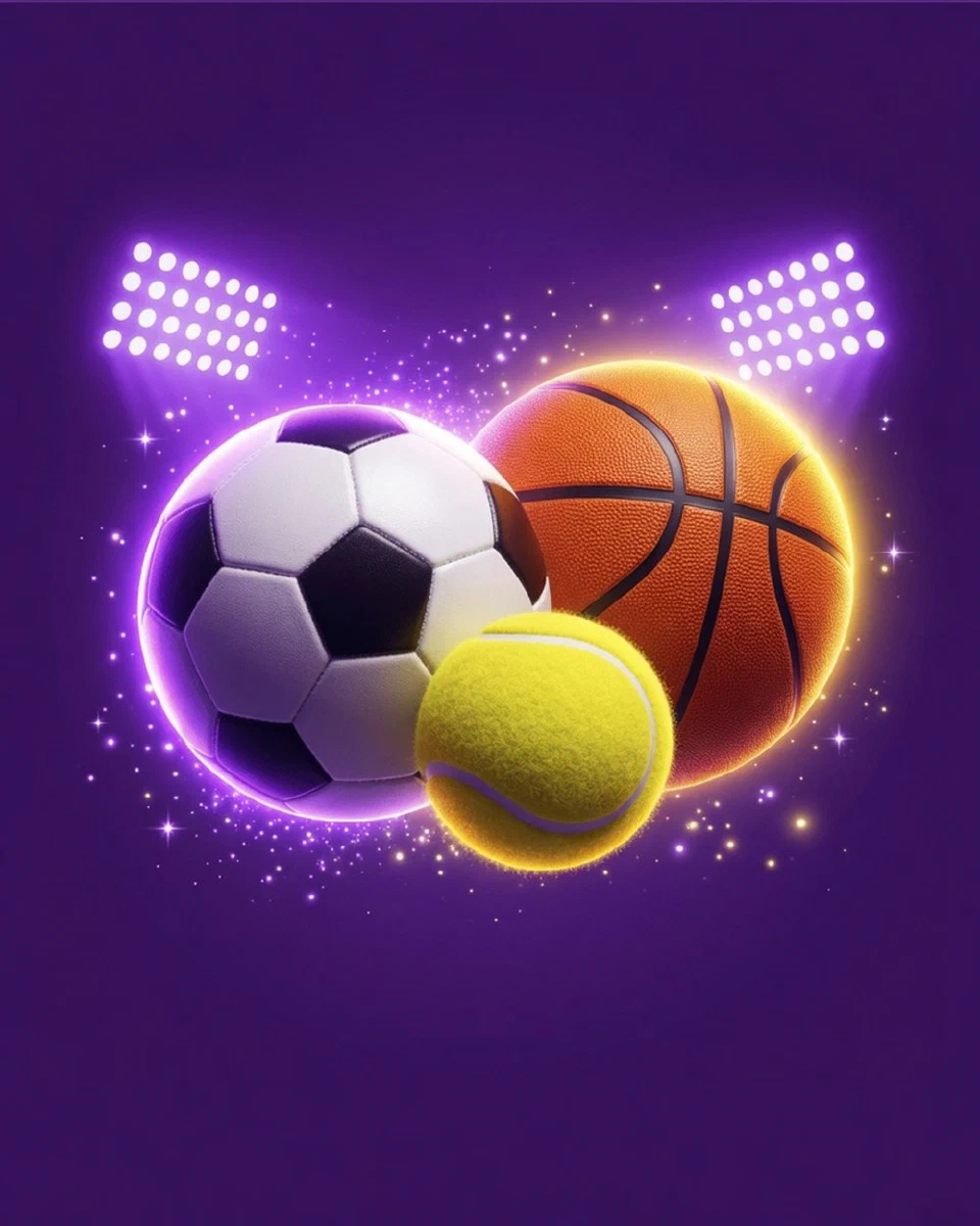 Balón de fútbol, pelota de tenis y balón de baloncesto bajo luces de estadio