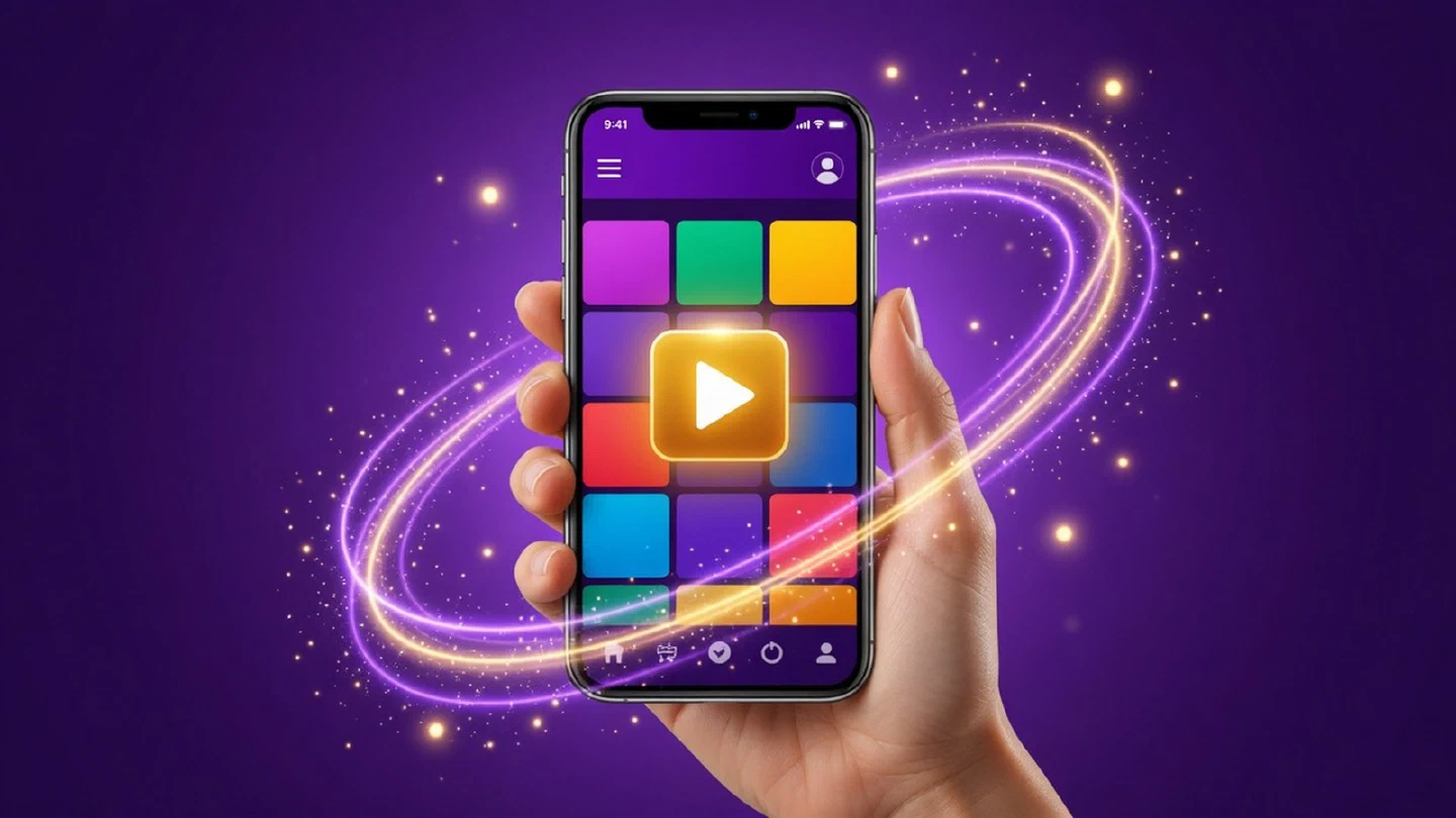 Mano sosteniendo un celular con una app de casino de tonos violeta y dorado