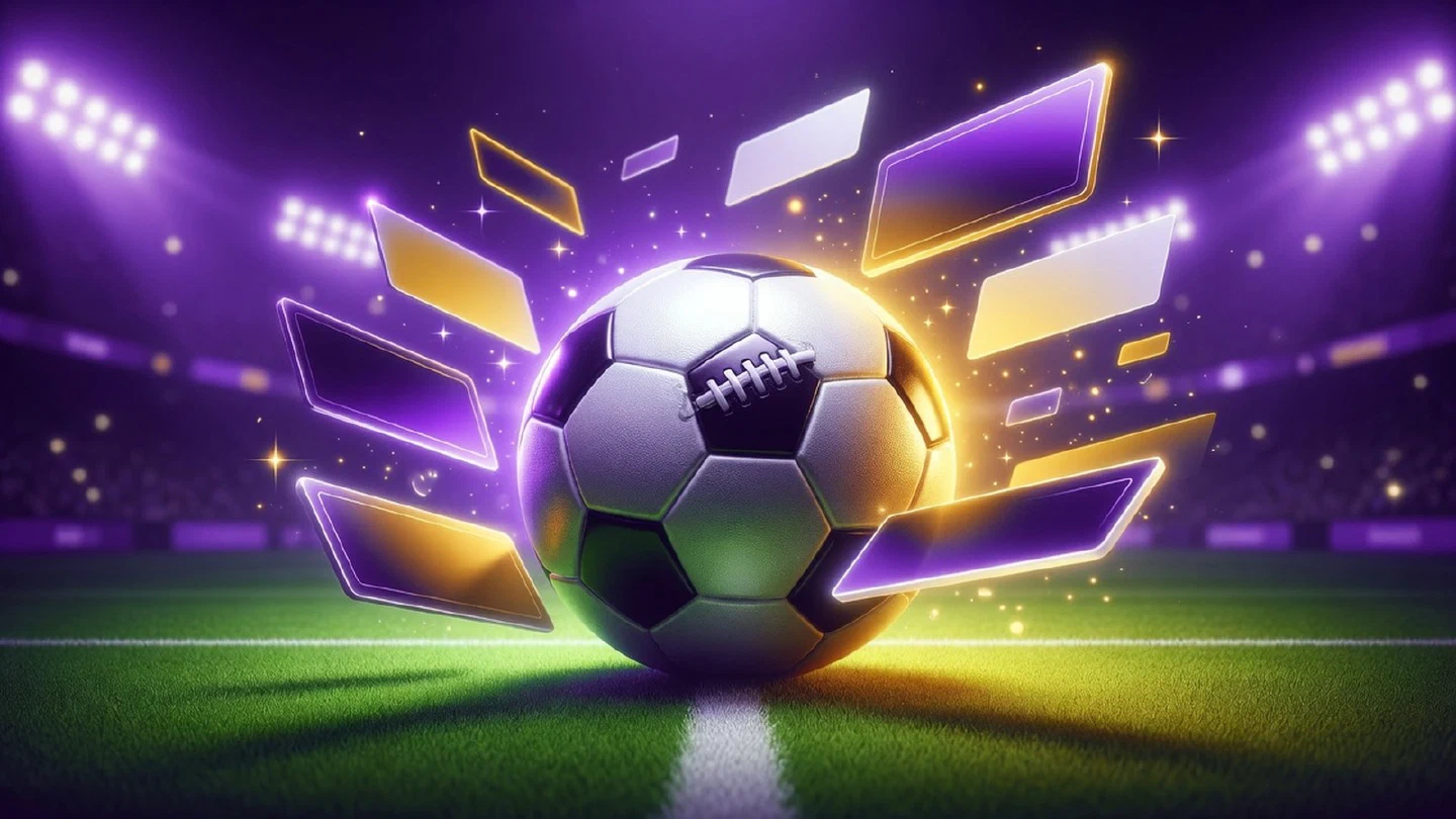 Balón de fútbol en un estadio iluminado con marcadores y cuotas