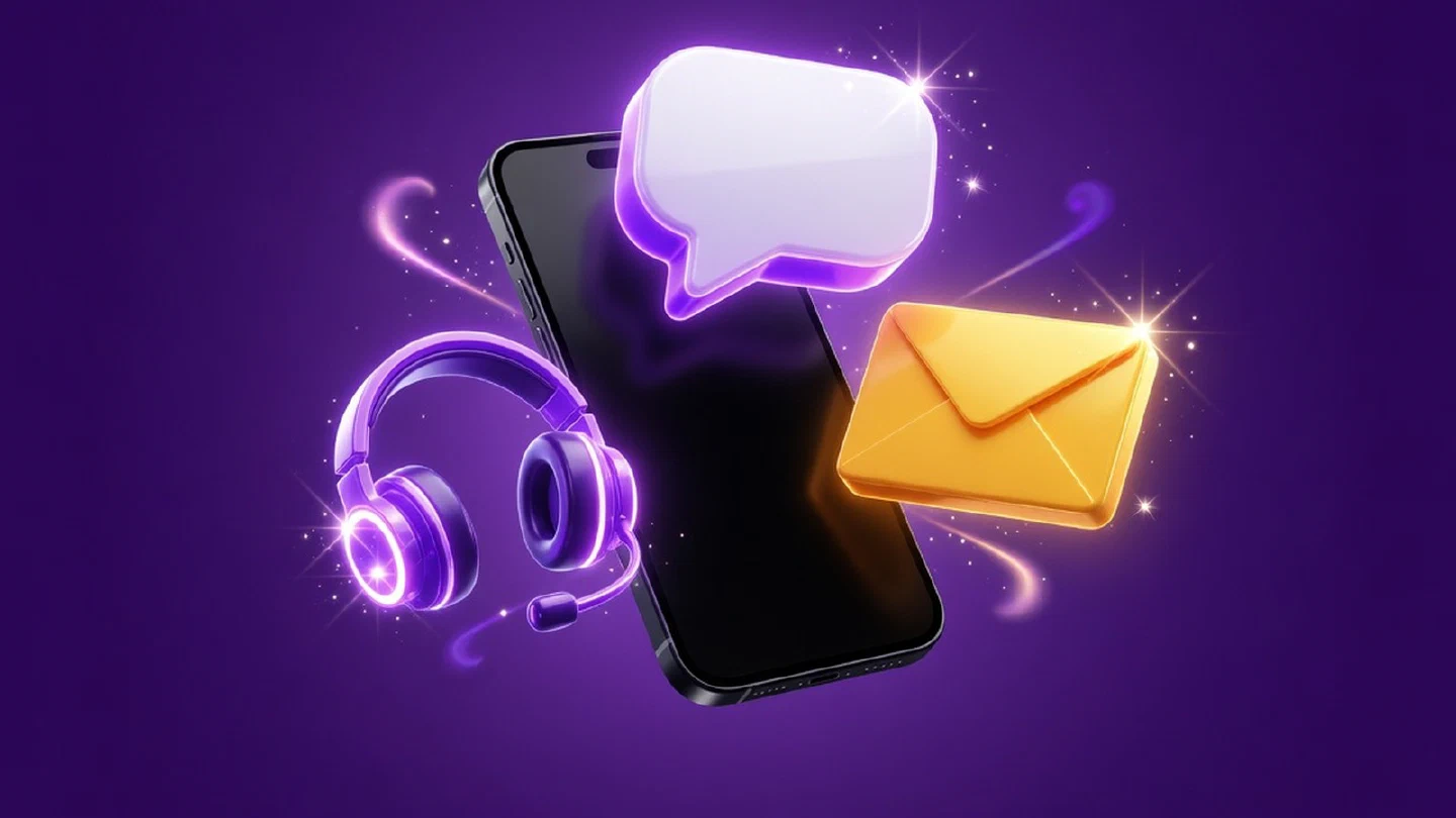 Burbuja de chat, sobre y audífonos sobre un celular en tonos violeta