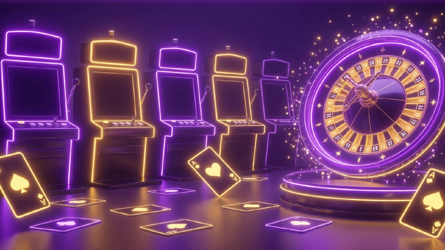 Lobby de casino con máquinas tragamonedas, ruleta y cartas en luces violeta y doradas