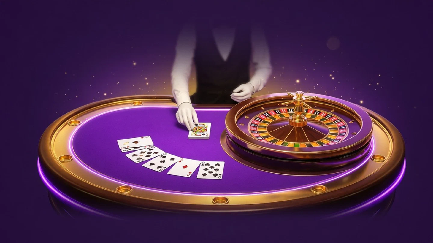 Mesa de casino en vivo con ruleta y cartas bajo luces de estudio