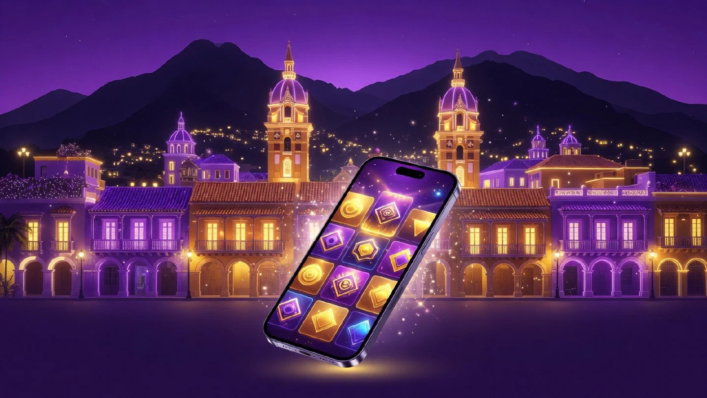 Silueta urbana de noche con montañas y un celular con casino en primer plano