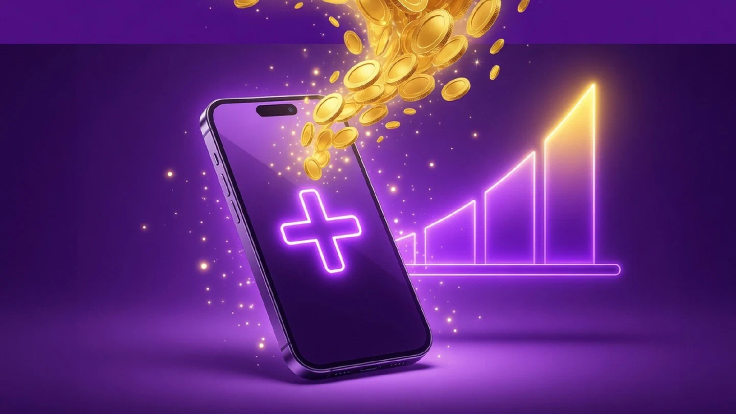 Monedas doradas entrando a un celular con un saldo que sube