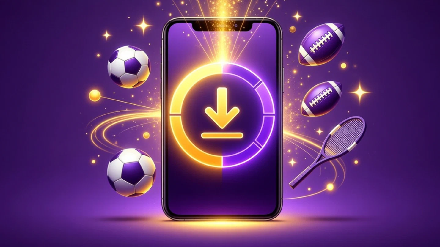 Celular con un ícono de descarga dorado y partículas de luz sobre fondo violeta