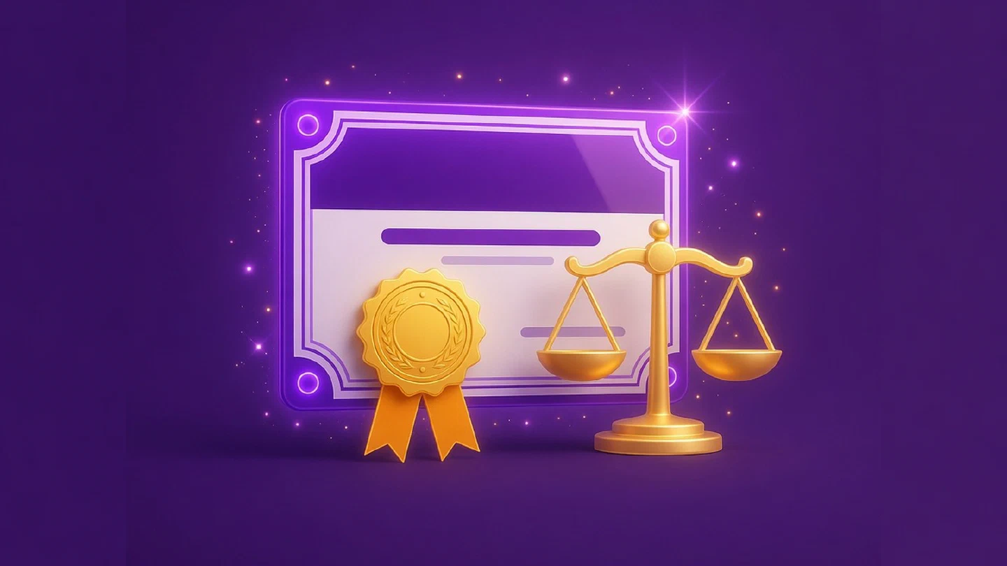 Certificado con sello dorado y una balanza