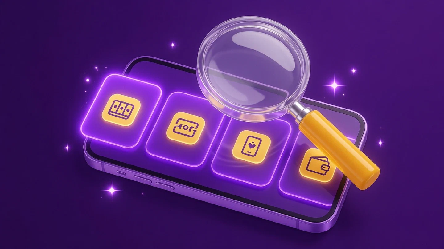 Lupa sobre un celular con secciones de casino, app y pagos