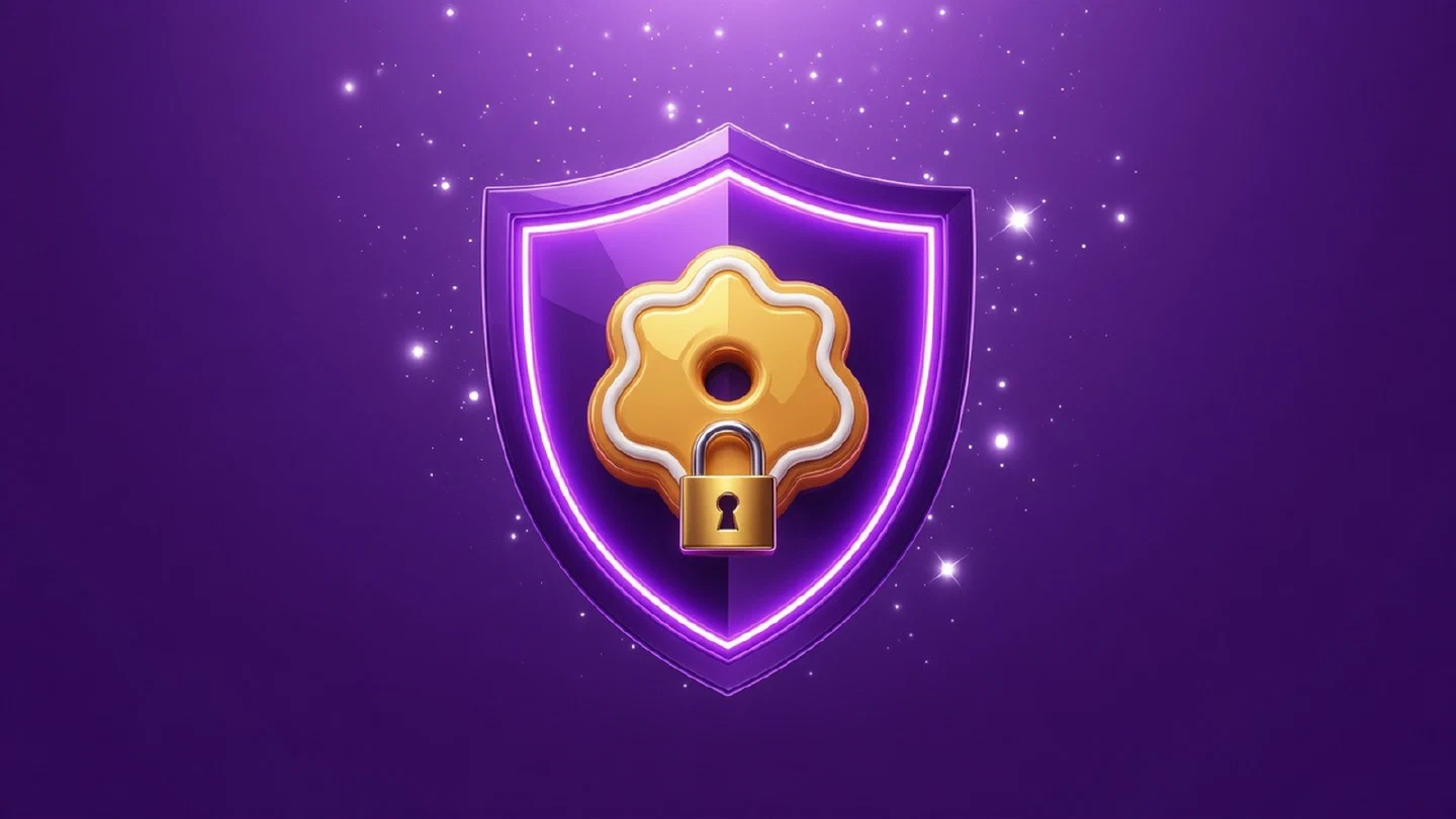 Escudo con una galleta y un candado que representan la privacidad y las cookies