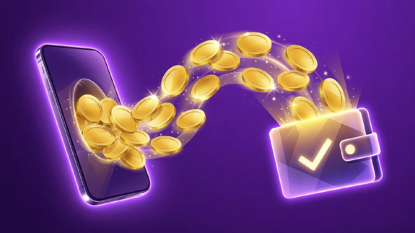 Monedas doradas saliendo de un celular hacia una billetera
