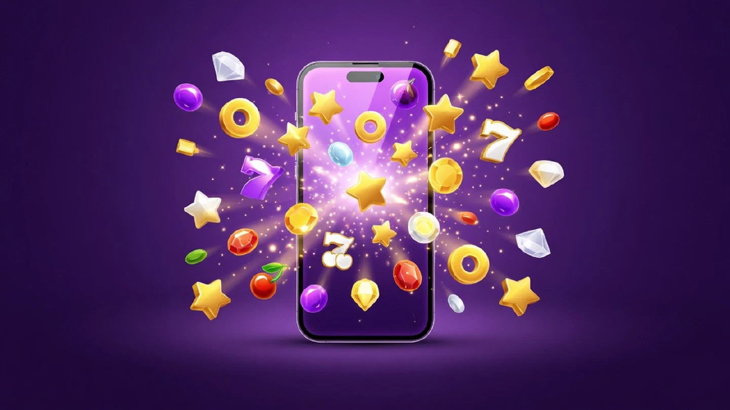 Celular del que salen símbolos de giros gratis y estrellas doradas
